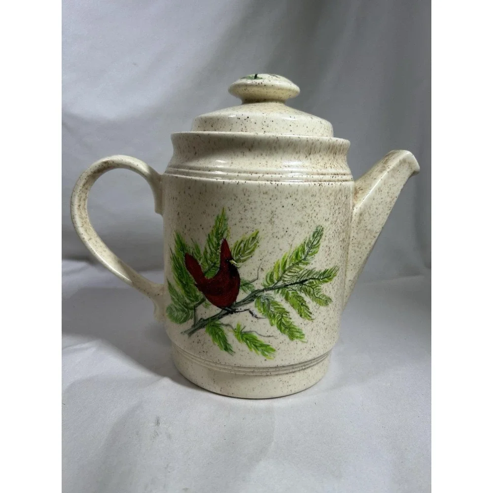 Vintage USA Marked Speckled Teapot Kettle Red Bird Farmhouse Home Kitchen Decor